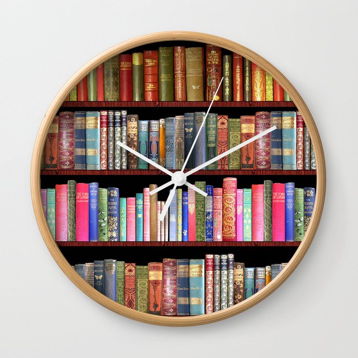 Jane Austen books and antique library bookshelf Wall Clock