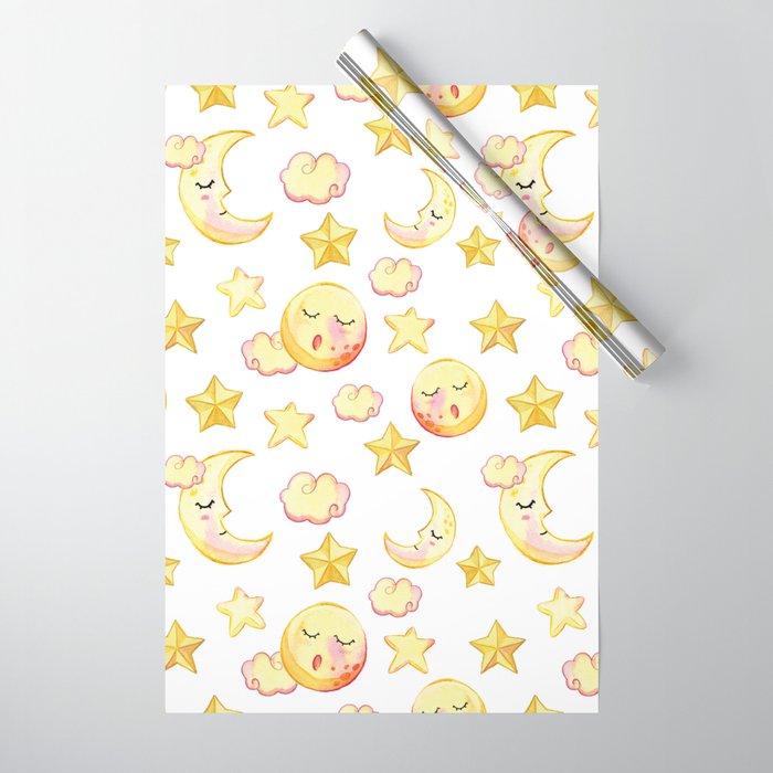 Watercolor orange yellow pink starry moon sun pattern Wrapping Paper