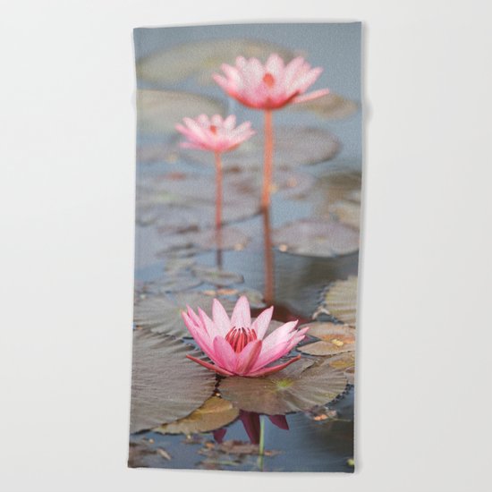 Three Lotus Flowers Beach Towel