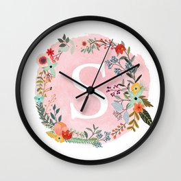 Flower Wreath with Personalized Monogram Initial Letter S on Pink Watercolor Paper Texture Artwork Wall Clock
