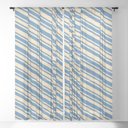 [ Thumbnail: Blue and Beige Colored Stripes/Lines Pattern Sheer Curtain ]