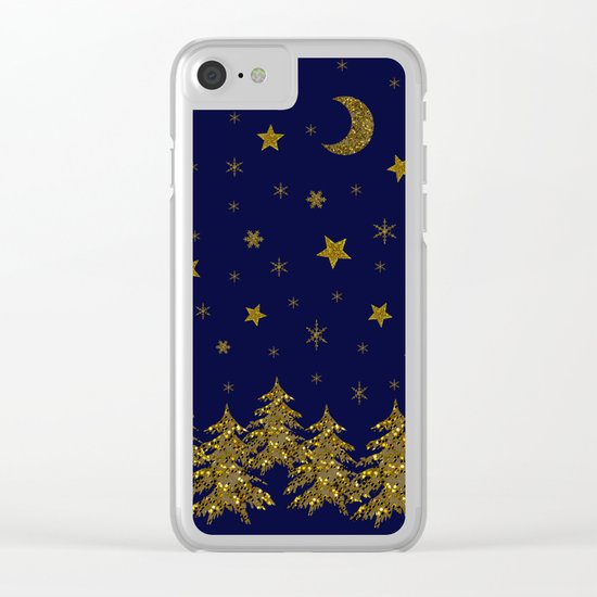 Sparkly Christmas tree, moon, stars Clear iPhone Case