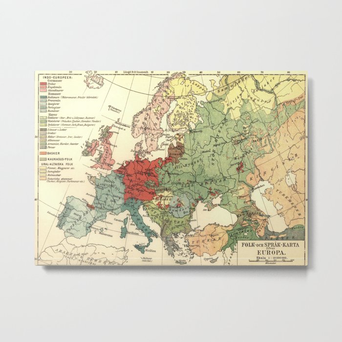 Vintage Linguistic Map of Europe (1907) Metal Print