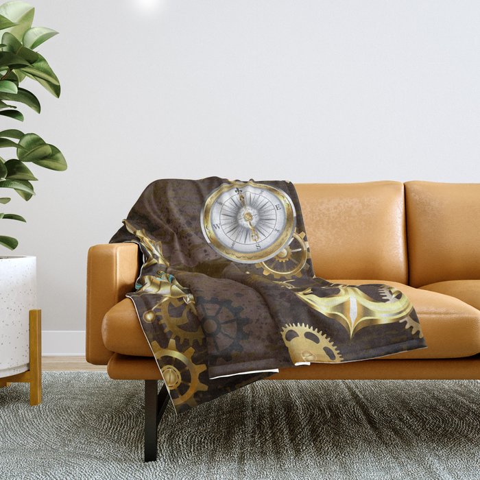 Wooden Background with Mechanical Seahorse ( Steampunk ) Throw Blanket