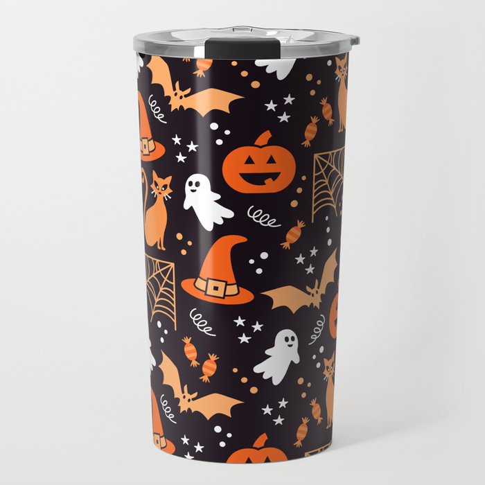 Halloween party illustrations orange, black Travel Mug