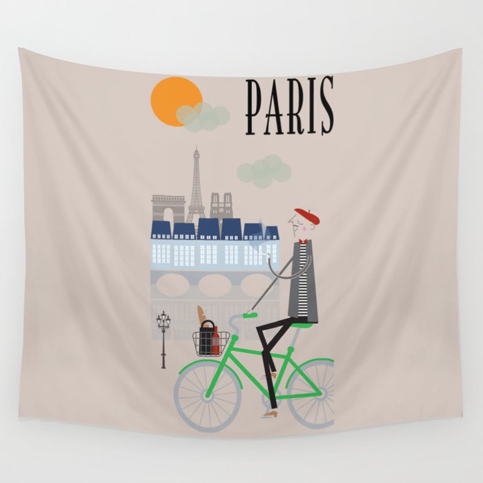Paris - In the City - Retro Travel Poster Design Wall Tapestry