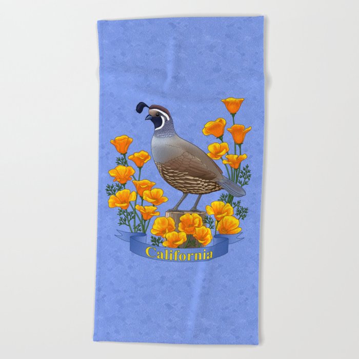California State Bird Quail and Golden Poppy Beach Towel