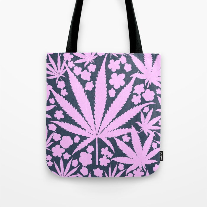 Modern Retro Cannabis Leaves And Flowers Pink On Navy Blue Botanical Wallpaper Indie Floral Pattern Tote Bag