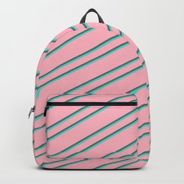 [ Thumbnail: Light Pink, Dim Gray & Turquoise Colored Stripes/Lines Pattern Backpack ]