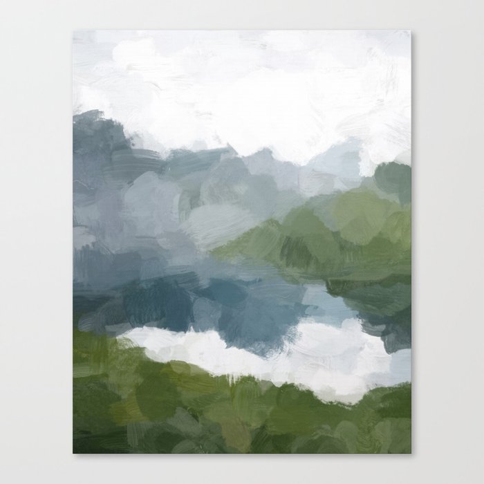 Cloud Reflection - Gray Blue Lake White Green Mountain Reflection Abstract Nature Painting Art Print Canvas Print