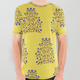 Indian Floral Motif Pattern - Blue and Yellow All Over Graphic Tee