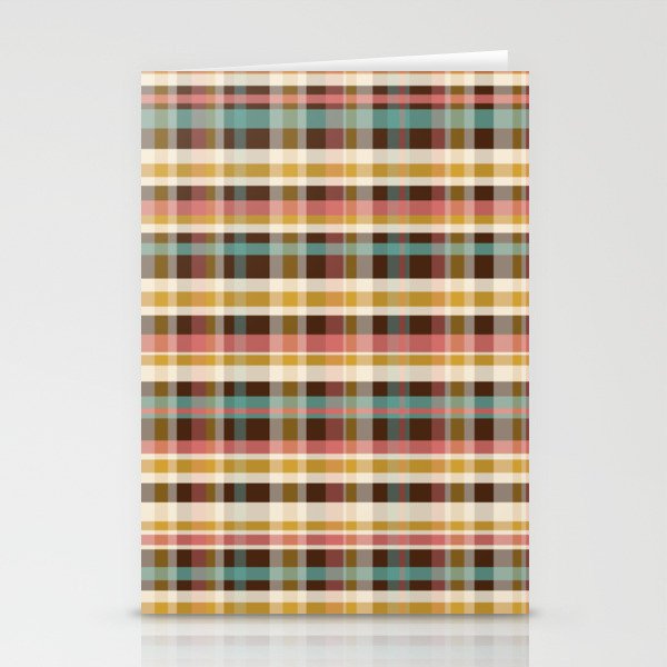 Retro Midcentury Modern Plaid Pattern Teal Brown Coral Gold Beige Stationery Cards