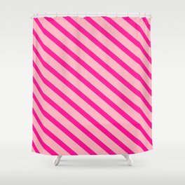 [ Thumbnail: Deep Pink and Light Pink Colored Lined/Striped Pattern Shower Curtain ]