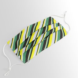 [ Thumbnail: Sea Green, Black, Yellow, and Lavender Colored Stripes Pattern Face Mask ]