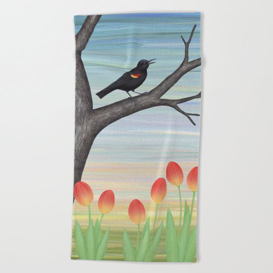 red winged blackbird and tulips Beach Towel