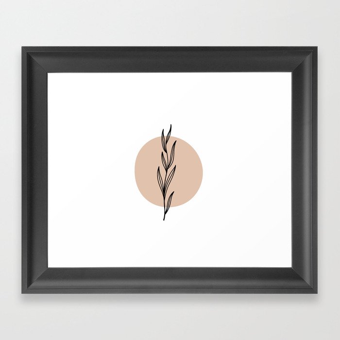 Contemporary Modern Botanical Leaf Branch Minimal Line Art - Earth Tone - Warm Neutral Shades Of Nature Tan Black Framed Art Print