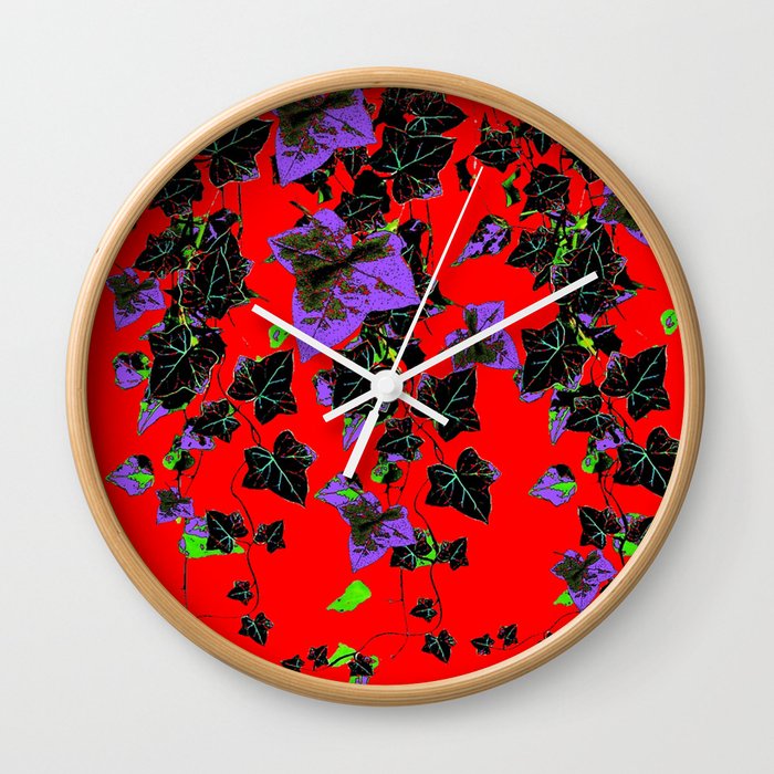 ARTISTIC GREEN-PURPLE HANGING VINES IN RED ART Wall Clock