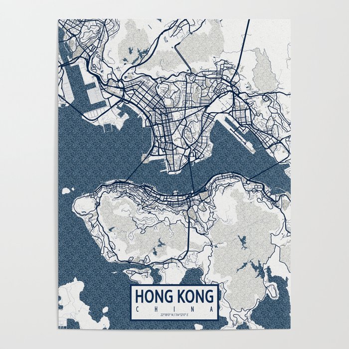 Hong Kong City Map of China - Coastal Poster by deMAP Studio | Society6