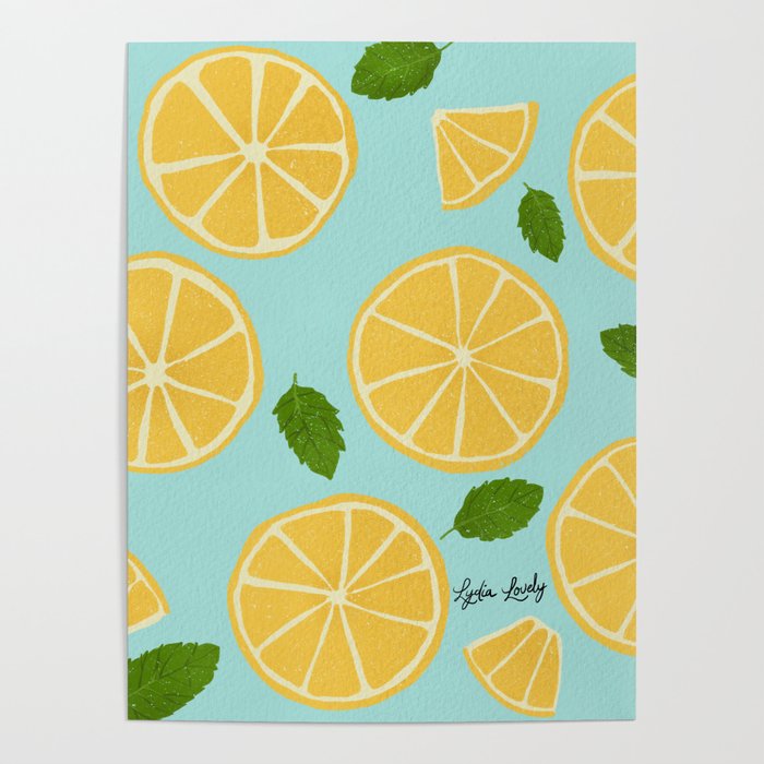 Yellow Lemons- blue background Poster