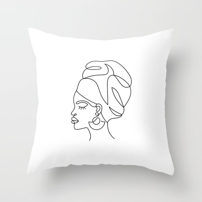 African woman in a line art style with abstract shapes. Isolated on white. Throw Pillow