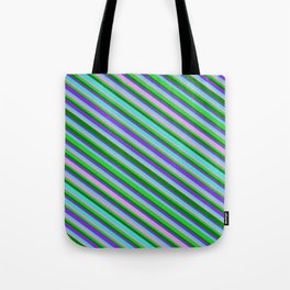 [ Thumbnail: Turquoise, Plum, Lime Green, Green & Purple Colored Lined Pattern Tote Bag ]