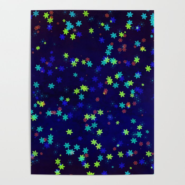 Neon flowers on dark blue Poster