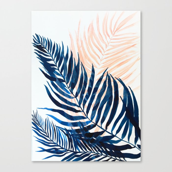 Palm tree, coastal watercolor, pink navy Canvas Print