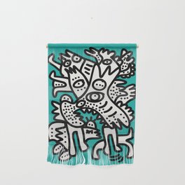 Green Acqua Street Art Black and White Creatures Wall Hanging