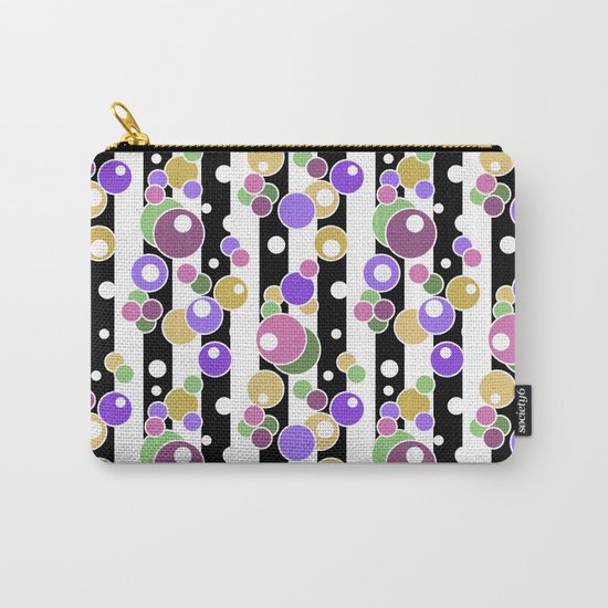 Colorful polka dots on black and white striped background . Carry-All Pouch