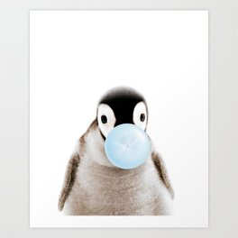 Baby Penguin Blowing Blue Bubble Gum, Baby Boy, Kids Art, Baby Animals Art Print by Synplus Art Print