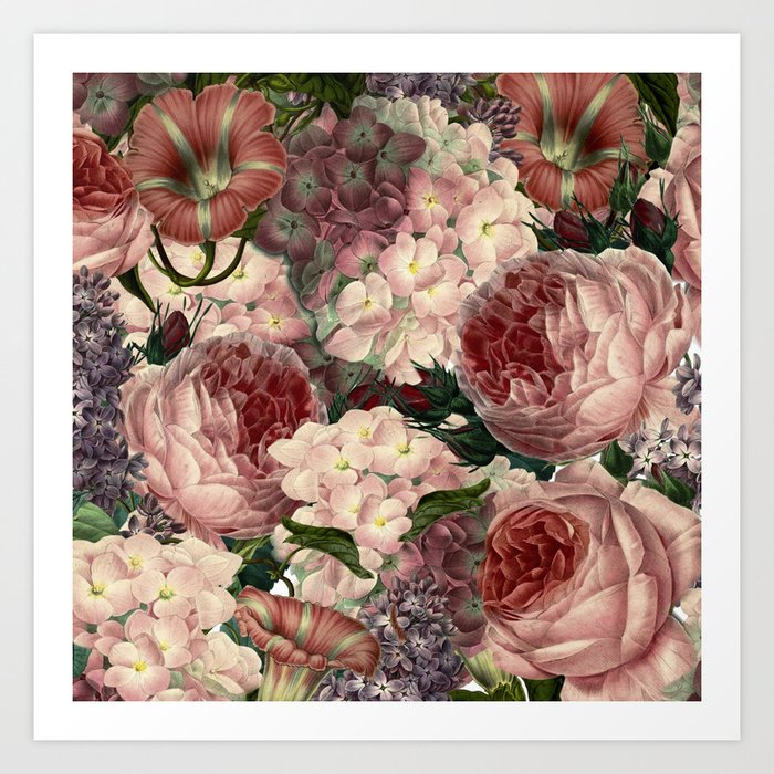 Vintage & Shabby Chic Pink Dark Floral Roses Lilacs Flowers Watercolor Pattern Art Print