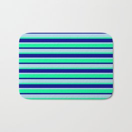 [ Thumbnail: Light Blue, Green & Dark Blue Colored Lines/Stripes Pattern Bath Mat ]