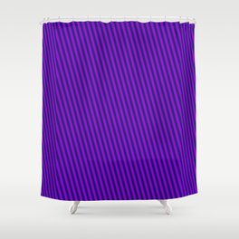 [ Thumbnail: Dark Violet and Midnight Blue Colored Pattern of Stripes Shower Curtain ]