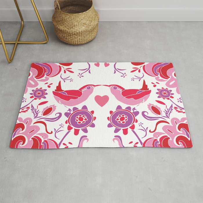 Kissing Birds with Hearts, Valentine's Day Pink and Red Rug