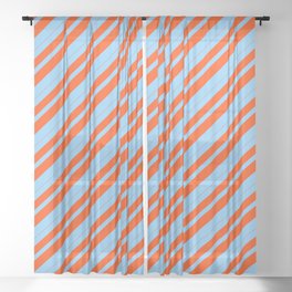 [ Thumbnail: Light Sky Blue and Red Colored Stripes/Lines Pattern Sheer Curtain ]