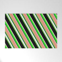 [ Thumbnail: Dark Salmon, Lime, Black & Light Cyan Colored Lines/Stripes Pattern Welcome Mat ]
