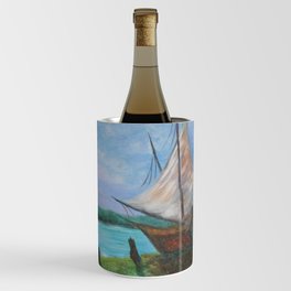 Shelter from the Storm, Two Sailboats nautical sailboat landscape painting by Hayley Lever Wine Chiller