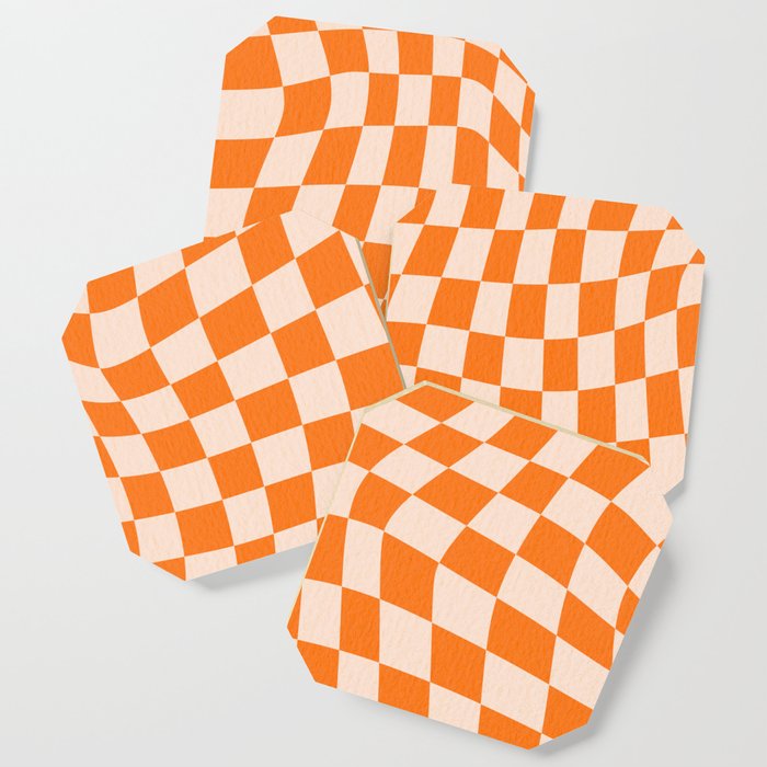 Orange checkered warped pattern, retro 80s groovy Coaster