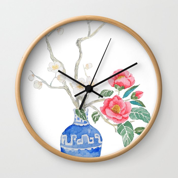 red camellia  flower white plum flower in blue vase Wall Clock