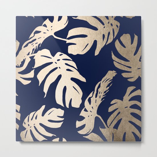 Simply Palm Leaves in White Gold Sands on Nautical Navy Metal Print