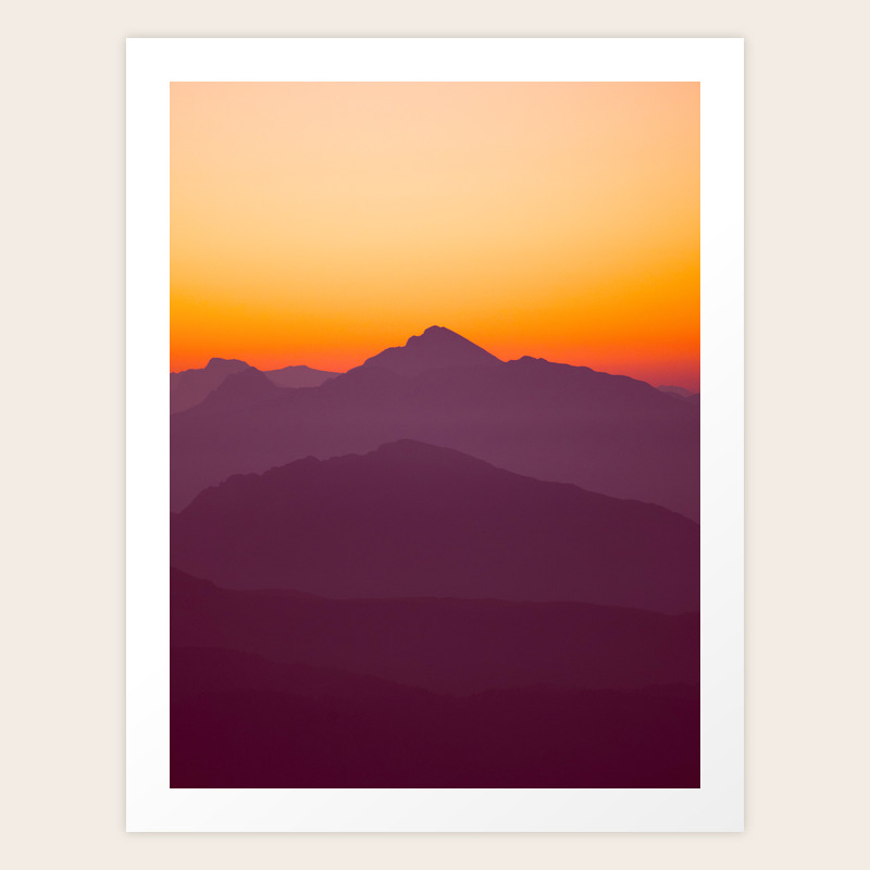 Purple Parallax Mountains Minimalist Colorful Landscape Photo With Orange Sunset Sky Art Print By Enshape Society6