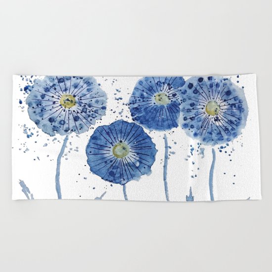 four blue dandelions watercolor Beach Towel