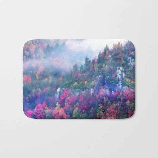 Fog over a colorful fall mountain forest Bath Mat