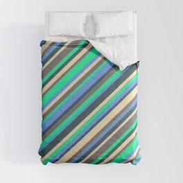 [ Thumbnail: Vibrant Tan, Dim Gray, Green, Cornflower Blue, and Dark Slate Gray Colored Lines/Stripes Pattern Comforter ]
