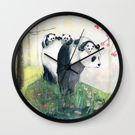 Panda family Wall Clock | Pandas, Cubs, Illustration, Art, Wildlife, Colorful, Giant, Mom, Pop Art, Little 
