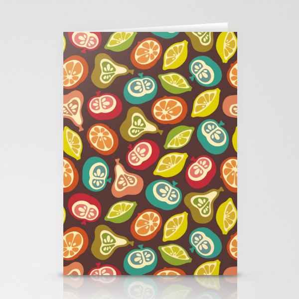 JUICY FRUITS FRESH RIPE FRUIT in RETRO MULTI-COLORS ON BROWN Stationery Cards