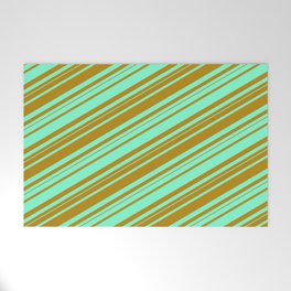[ Thumbnail: Aquamarine and Dark Goldenrod Colored Lined/Striped Pattern Welcome Mat ]