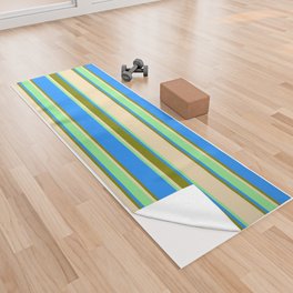 [ Thumbnail: Tan, Light Green, Blue, and Green Colored Lined/Striped Pattern Yoga Towel ]