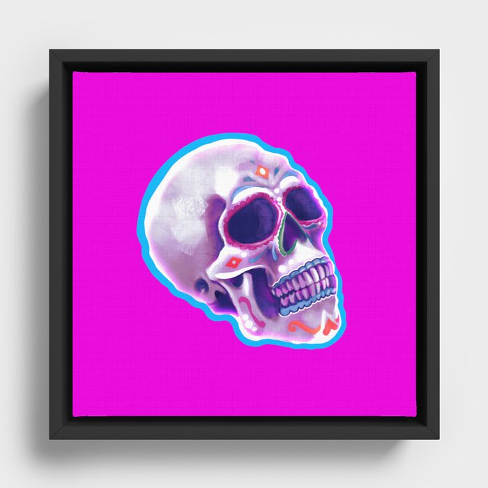 Colorful Dia de Los Muertos skull with pink Framed Canvas