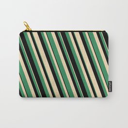[ Thumbnail: Tan, Sea Green & Black Colored Striped Pattern Carry-All Pouch ]